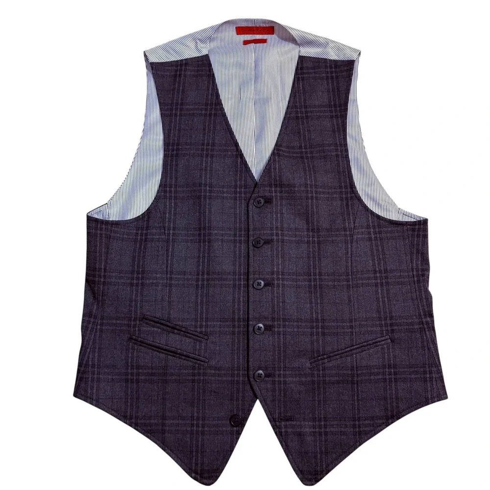 John Varvatos USA Plaid Wool Vest Men's Size S Dark Grey‎ Formal